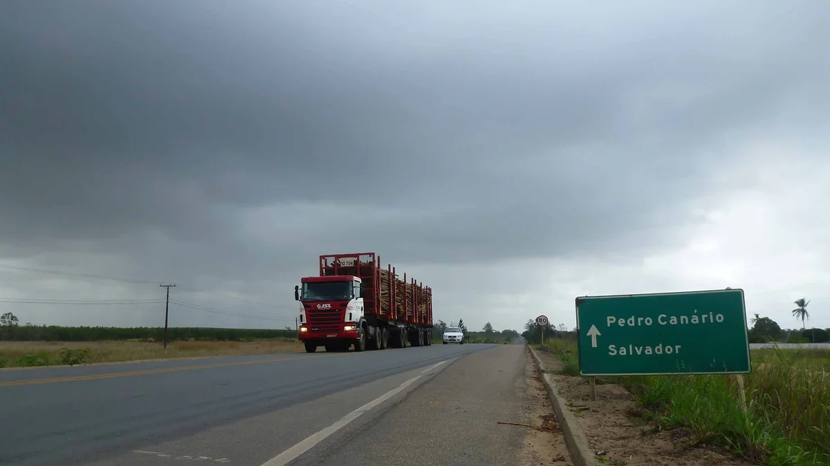 Caminhão carregado de madeira em trecho de pista simples com placa de destino